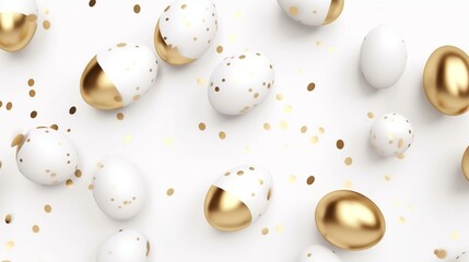 banner, Easter white eggs with gold foil decoration on white background, hipster pattern, minimalist style, clean design, falling, floating, dynamic, photo - realistic, 4k ultra re Generative AI