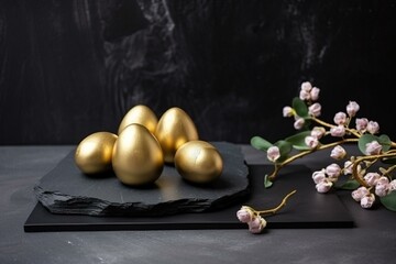Naklejka premium Easter Decoration With Golden Eggs on Dark Shale Background Generative AI