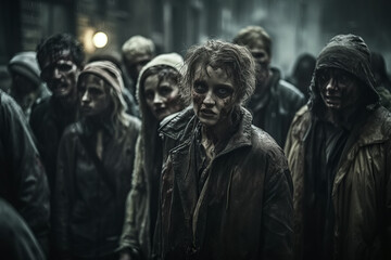 Fototapeta premium crowd of dead aggressive zombies on the street in city. Generative AI illustration