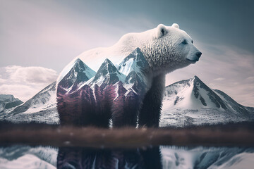 Obraz premium Double Exposure of polar bear and snowy mountains - Generative AI