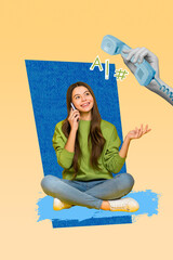 Vertical collage image of cheerful girl speak smartphone big black white gamma arm hold cable...