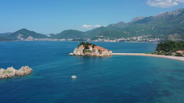 Aerial view of Sveti Stefan resort island in Montenegro, 4k