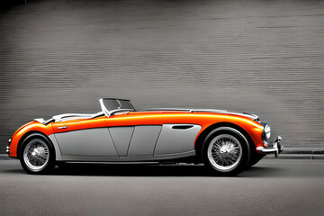 AI generated image of orange classic car on black and white background, film noir style.