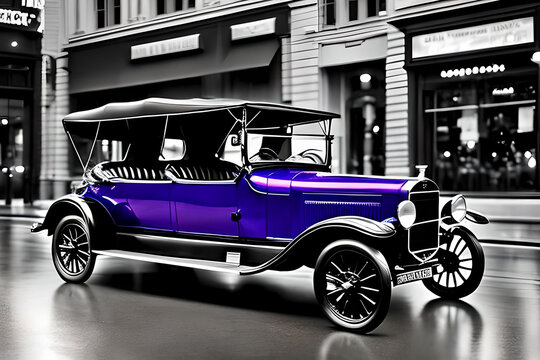 AI generated image of purple classic car on black and white background, film noir style.