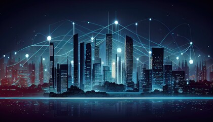 Illustration of futuristic city at night, 5G internet network wireless systems and internet of things, smart city and communication network. Generative AI 
