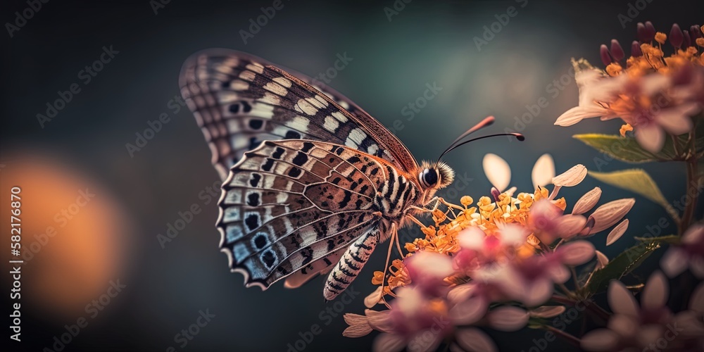 Poster blurred backdrop macro photograph of a butterfly drinking nectar generative ai