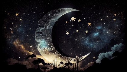 Ornamental Filigree Fantasy Moon with Glowing Stars at Night on a Dark Sky Ramadan Concept AI generative