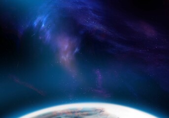 Celestial digital art of a planet with stars and galaxies in outer space background