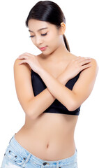 Fototapeta premium Portrait young asian woman smiling beautiful body diet with fit, model girl weight slim with cellulite or calories, health and wellness concept.