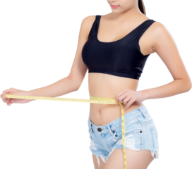 Asian woman diet and slim with measuring waist for weight, girl have cellulite and calories loss with tape measure, health and wellness concept.