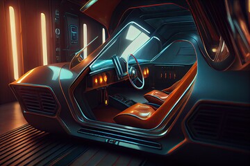 Futuristic sci-fi car interior view, hyper realistic. Inside view of the car. Generative AI