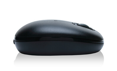 Black modern wireless computer mouse on white background. Computer technology concept