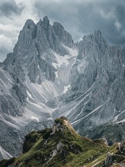 Vertical shot of snowy alps on a cloudy day