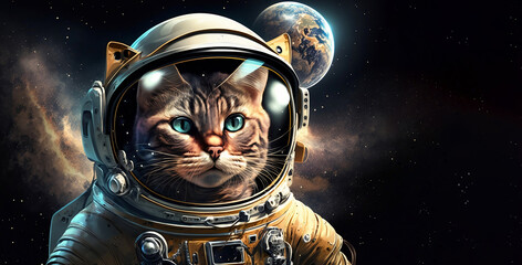 Obraz na płótnie Canvas Cosmonaut cat. Cat in a spacesuit on the background of the planets and the galaxy. Generative AI