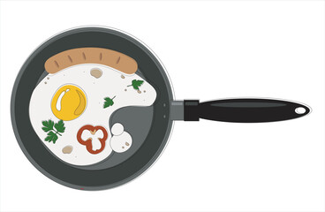 Scrambled eggs in a frying pan. Vector flat illustration on white background