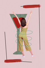 Vertical collage image of mini overjoyed girl raise hands big cocktail glass isolated on creative...