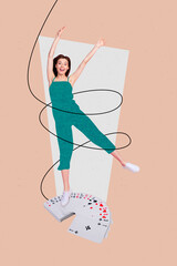 Vertical collage picture of cheerful mini girl stand big card deck raise arms isolated on beige...