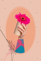 Vertical collage picture of arm hold paper coffee cup fresh flower inside isolated on creative...