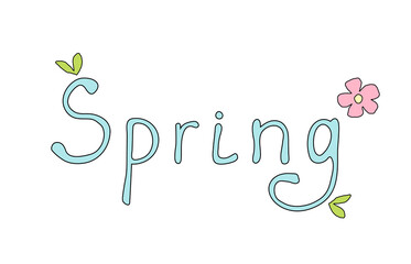 Fototapeta na wymiar Simple vector illustration. Hand inscription Spring. Blue letters with black outline, pink flower and fresh leaves.