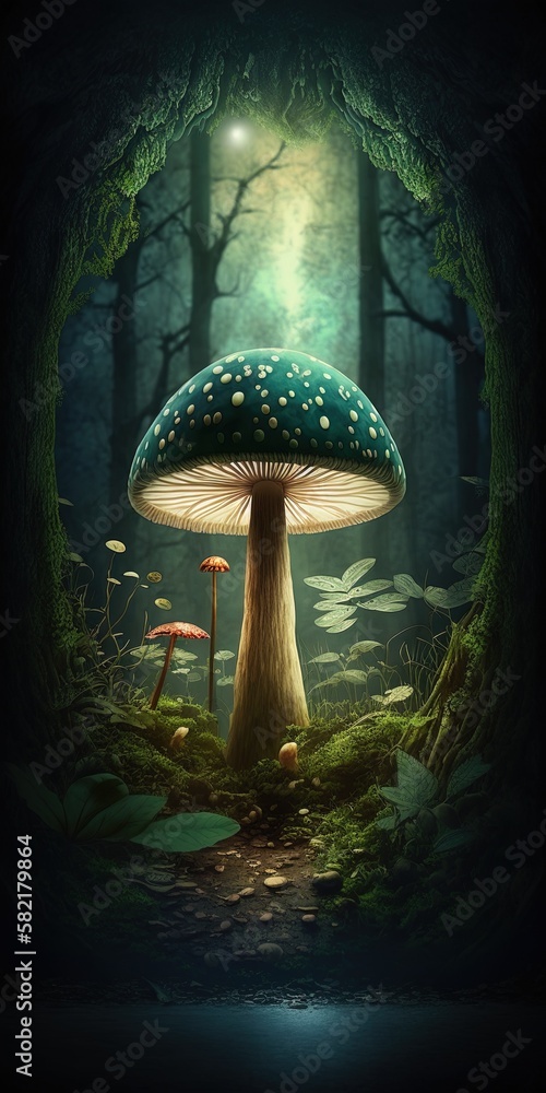 Poster a woodland setting with a mushroom generative ai