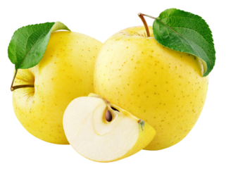 Yellow apple fruit with green leaf and slice isolated on transparent background. Golden apple. Full Depth of Field