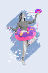 Vertical collage portrait of cheerful black white gamma cheerful girl big fluffy donut waist...