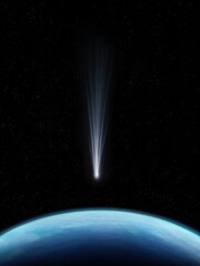 Comet is moving towards the Earth. Celestial body is approaching our planet. A meteorite glows in the starry sky. © Nazarii