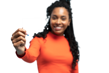 Girl holding a gift card. Young beautiful woman showing copy space on empty blank sign or gift card isolated on transparent background