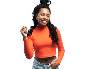Girl holding a gift card. Young beautiful woman showing copy space on empty blank sign or gift card isolated on transparent background