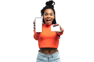 Woman hold loyalty card and smartphone for shopping online isolated on transparent background