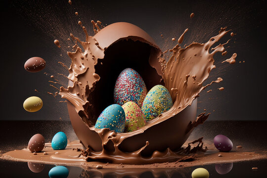 Luxury chocolate easter eggs making a splash in chocolate. Generative ai