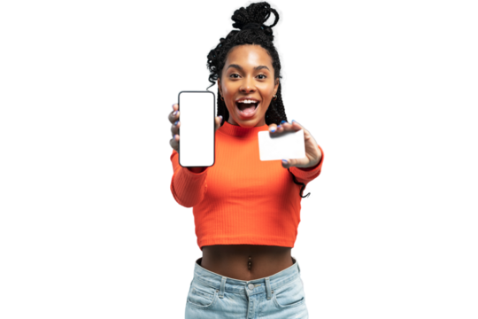 Woman hold loyalty card and smartphone for shopping online isolated on transparent background