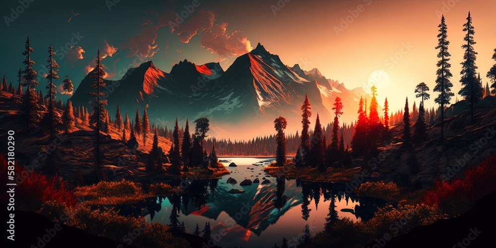 Aufkleber forested mountains in the twilight hours generative ai