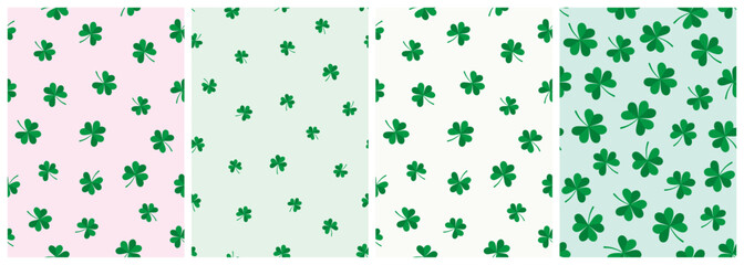 Seamless Pattern Set With Clover Leaves. Irregular Repeatable Design On Different Backgrounds. Vector Graphic Great To Use For St. Patrick’s Day Wrapping Paper Or Textile Prints.