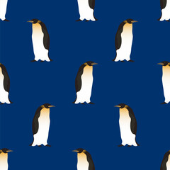 Seamless pattern. Cute Emperor penguins on a dark blue background. Realistic birds of the Antarctic. Vector for packaging, paper, prints and cards.