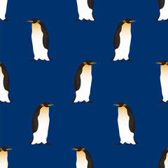 Obraz premium Seamless pattern. Cute Emperor penguins on a dark blue background. Realistic birds of the Antarctic. Vector for packaging, paper, prints and cards.