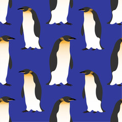 Obraz premium Seamless pattern. Cute Emperor penguins on a dark blue background. Realistic birds of the Antarctic. Vector for packaging, paper, prints and cards.