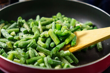 Frozen green beans. Selective focus. Healthy nutrition. Frozen beans vitamins