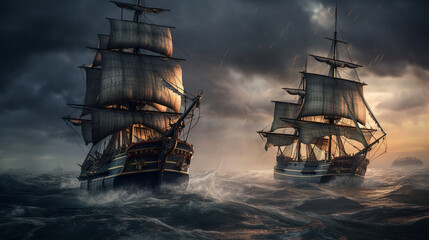 Obraz premium Wooden warships at sea with dramatic clouds. Generative AI.