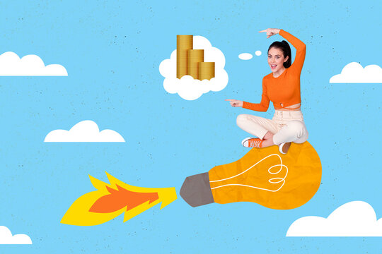 Creative collage picture of excited mini girl sit big flying light bulb rocket point fingers pile stack money coins clouds sky background