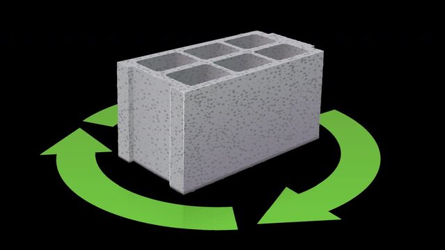 Loop animation of an isolated 3D cinder block with shadow and reflection surrounded by the circular green symbol of the 3 recycling arrows (alpha channel)