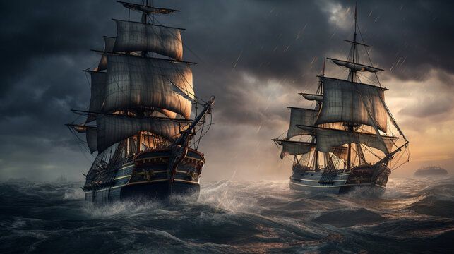 Wooden warships at sea with dramatic clouds. Generative AI.