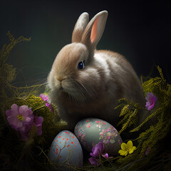 Easter bunny with a basket of eggs. Happy Easter Bunny rabbit. AI generated content