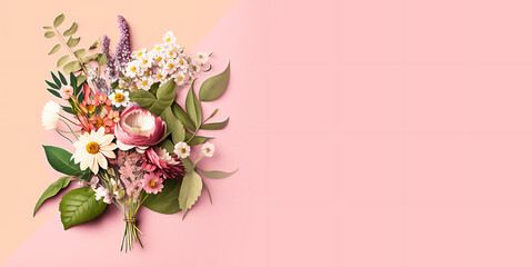 Bouquet of flowers banner on pink background with copy space. AI generated content