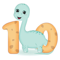 Cute Dinosaur with number 10, cartoon illustration