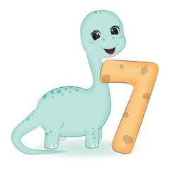 Cute Dinosaur with number 7, cartoon illustration