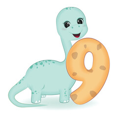Fototapeta premium Cute Dinosaur with number 9, cartoon illustration