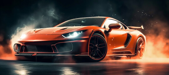 orange sport car wallpaper on smoke background Generative AI