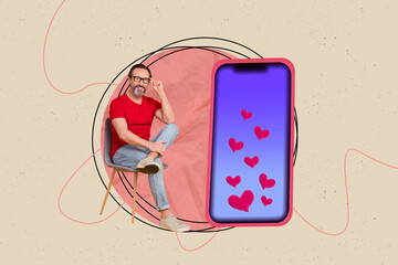 Creative photo artwork collage of handsome mature guy sit on chair read notification in social...