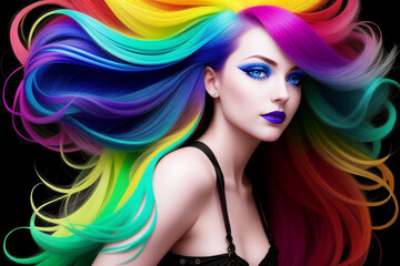 A young woman with long, bright, multicolored hair against a black background. AI generative